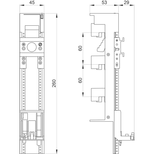 Device holder 45x 260 mm long for 60 mm busbar system spacer