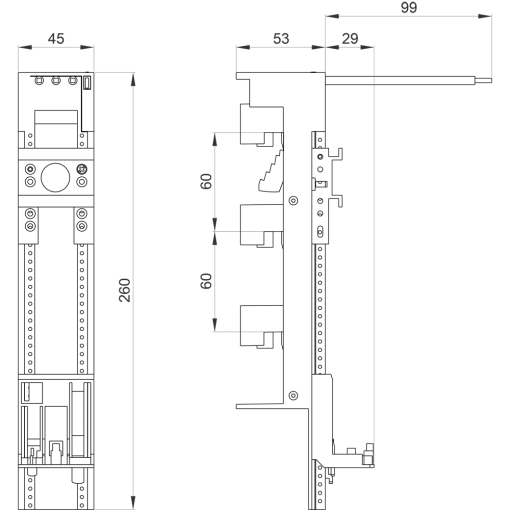 Device adapter S0 32 A for 60 mm busbar system 45x 260 mm long
