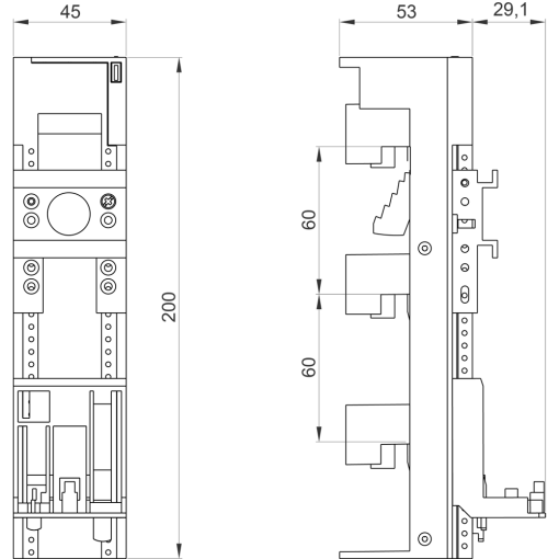 Device holder 45x 200 mm long for 60 mm busbar system spacer