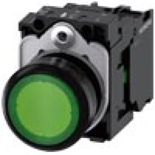 Pushbutton illuminated 22 mm round plastic green 1 NO 230 V AC