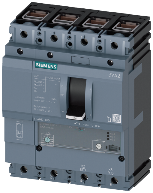 circuit breaker 3VA2 IEC frame 160 breaking capacity class M Icu55kA  415V 