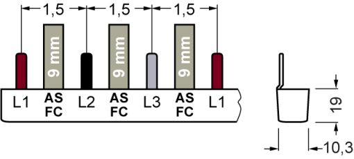 Pin busbar, 16 mm² connection 3 x 3 x 1 x phaseASFC safe to touch