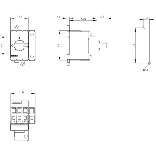 Switch disconnector 3LD3, Iu 63 A main control switch 3-pole  N