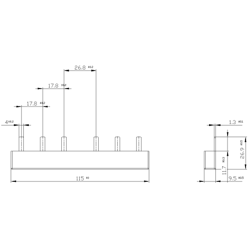 Pin busbar, 10 mm² connection 2 x 3-phaseASFC safe to touch