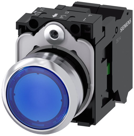 Illuminated pushbutton, 22 mm, round, metal, shiny, blue, pushbutton, flat, m...