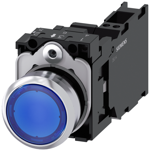 Pushbutton, illuminated, 22 mm, round, metal, high gloss, blue, 1 NO  1 NC