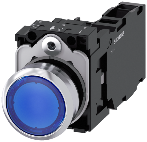 Pushbutton, illuminated, 22 mm, round, metal, high gloss, blue, 1 NO  1 NC