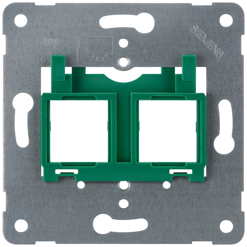 Support plate for modular jacks for mounting up to 2 connectors, green insert