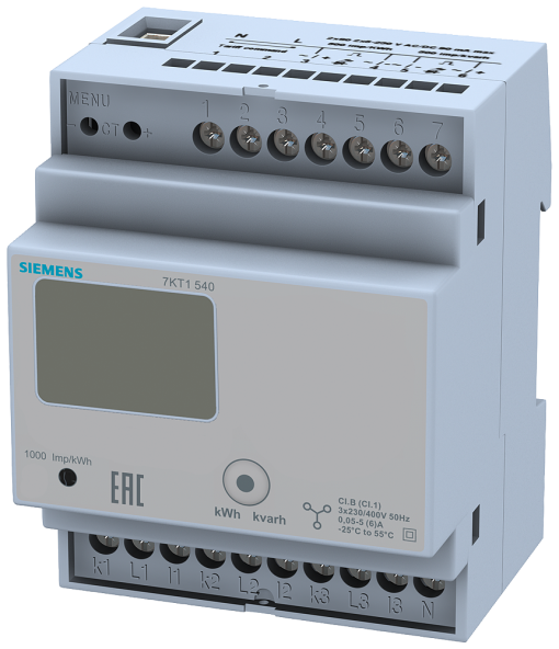 E counter with LC display, 3-phase, CT5A, 2xS0, 2 tariffs, transformer conne...
