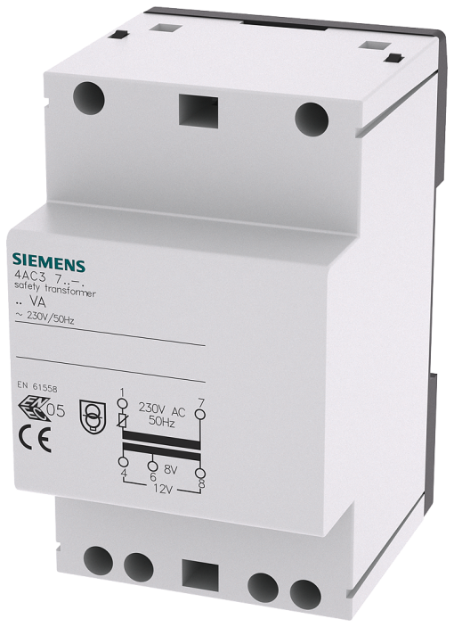 Safety transformer, 24 VA primary 230 V AC, 50 Hz, secondary 8 V, 12 V AC