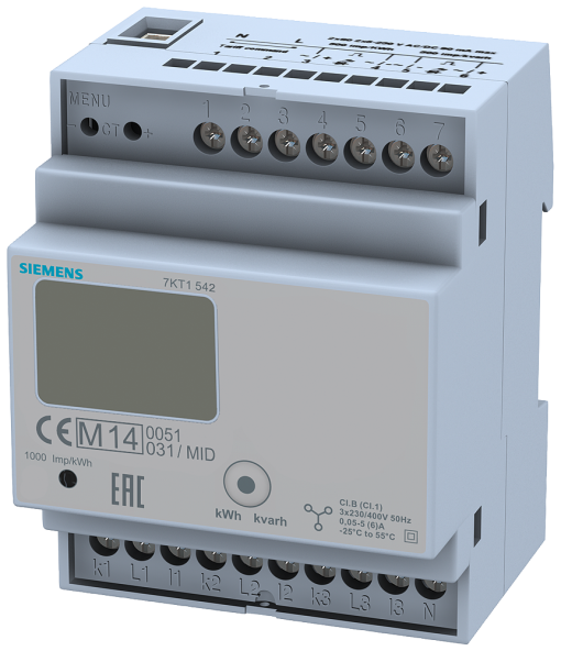 E counter with LC display, 3-phase, CT5A, 2xS0, 2 tariffs, transformer conne...