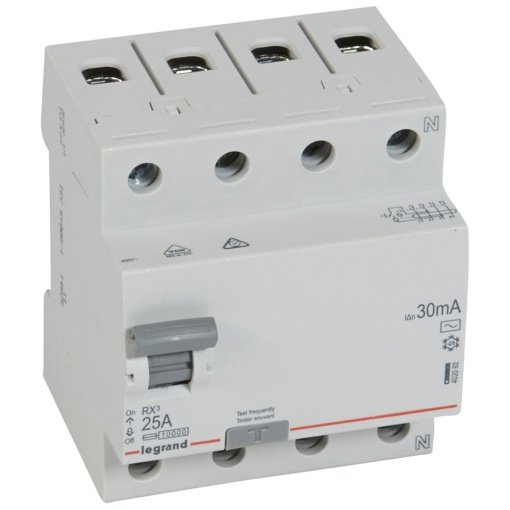 RX3 Interruptor diferencial 4P 25A 30mA 400V. Tipo AC, 4mód Neutro a direita