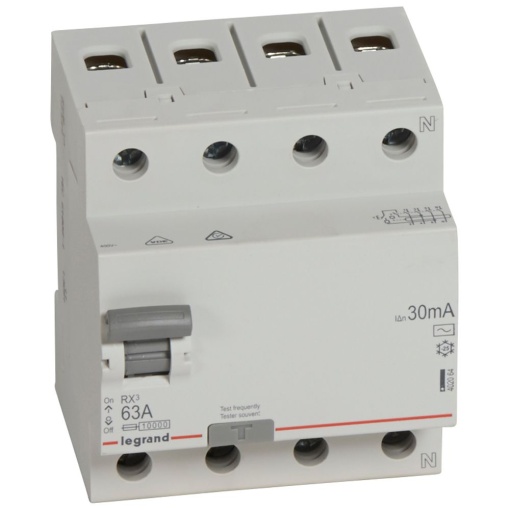RX3 Interruptor diferencial 4P 63A 30mA 400V. Tipo AC, 4mód Neutro a direita