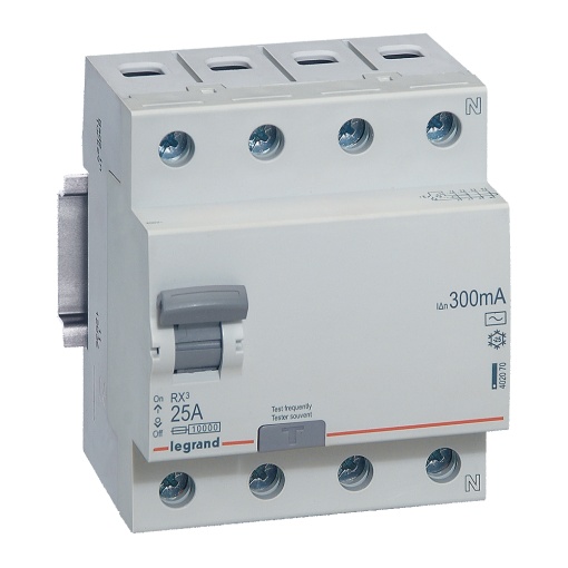 RX3 Interruptor diferencial 4P 25A 300mA 400V. Tipo AC, 4mód Neutro a direita