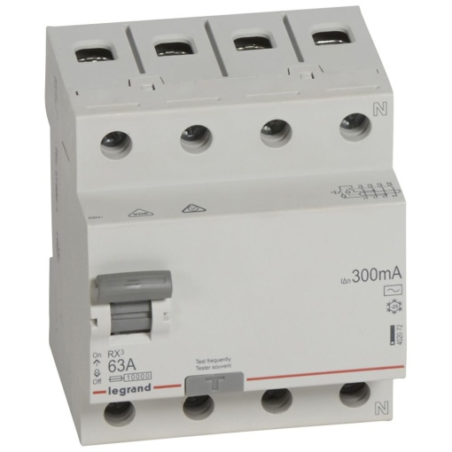 RX3 Interruptor diferencial 4P 63A 300mA 400V. Tipo AC, 4mód Neutro a direita