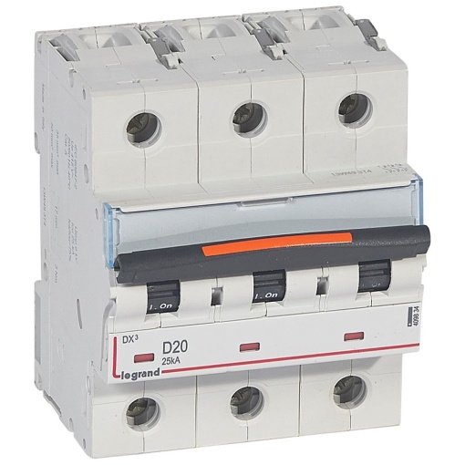 Disjuntores DX3 - 25kA - 3P - 400 V - 20 A - curva D - 4,5 módulos