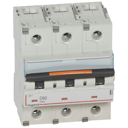 Disjuntores DX3 - 25kA - 3P - 400 V - 80 A - curva D - 4,5 módulos