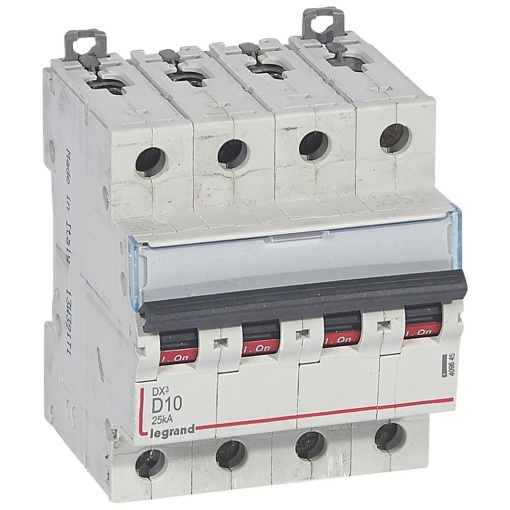 Disjuntores DX3 - 25kA - 4P - 400 V - 10 A - curva D - 4 módulos