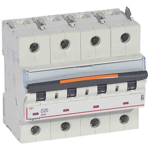 Disjuntores DX3 - 25kA - 4P - 400 V - 20 A - curva D - 6 módulos