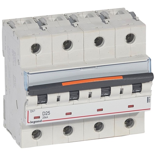 Disjuntores DX3 - 25kA - 4P - 400 V - 25 A - curva D - 6 módulos