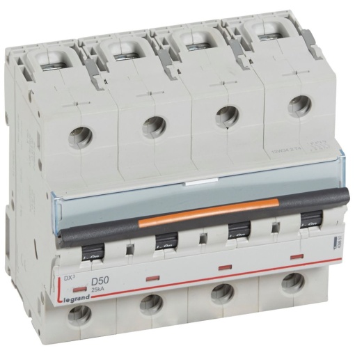 Disjuntores DX3 - 25kA - 4P - 400 V - 50 A - curva D - 6 módulos