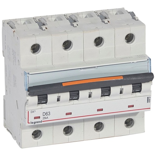 Disjuntores DX3 - 25kA - 4P - 400 V - 63A - curva D - 6 módulos