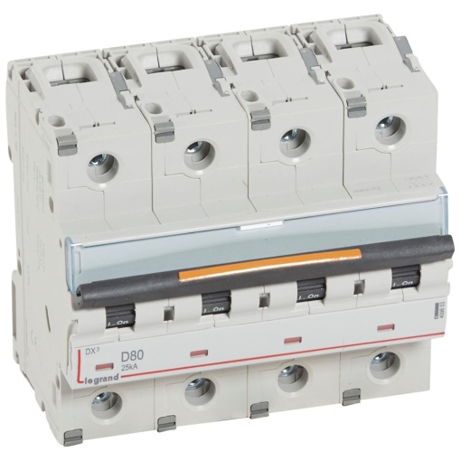Disjuntores DX3 - 25kA - 4P - 400 V - 80 A - curva D - 6 módulos