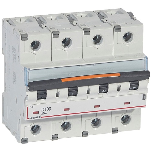 Disjuntores DX3 - 25kA - 4P - 400 V - 100 A - curva D - 6 módulos