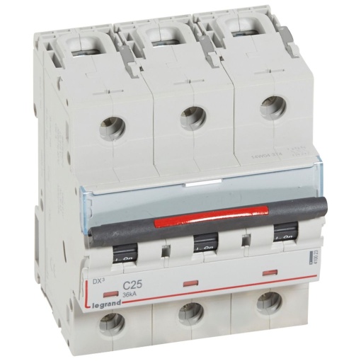 Disjuntores DX3 - 36kA - 3P - 400 V - 25 A - curva C - 4,5 módulos