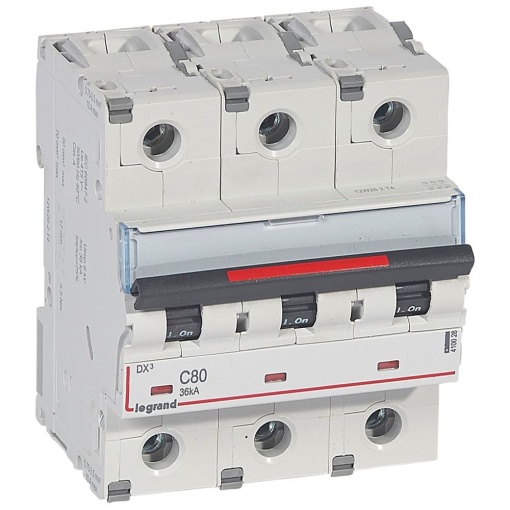 Disjuntores DX3 - 36kA - 3P - 400 V - 80 A - curva C - 4,5 módulos