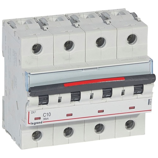 Disjuntores DX3 - 36kA - 4P - 400 V - 10 A - curva C - 6 módulos