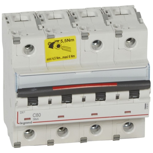 Disjuntores DX3 - 36kA - 4P - 400 V - 80 A - curva C - 6 módulos