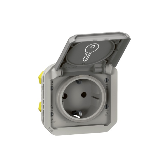 Plexo IP 55 componível - Tomada 2PT tipo "sch" cencravamento chave, Cinzento