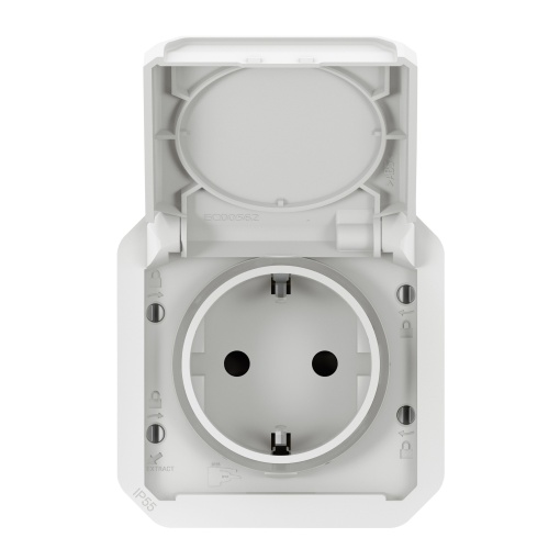 Plexo IP 55 componível - Tomada 2PT tipo "sch", ligadores automáticos, Branco