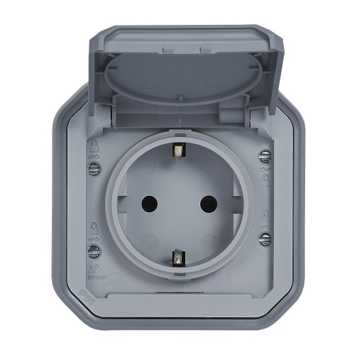 Plexo IP 55 monobloco saliente - Tomada 2PT tipo "sch", lig. parafusos, Cinzent