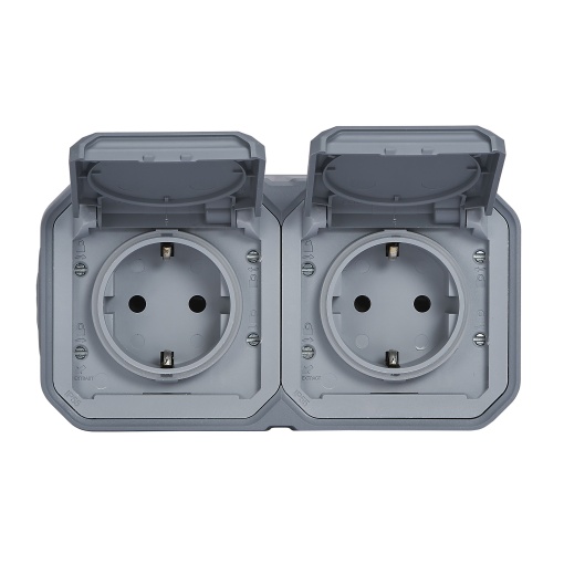 Plexo IP 55 monobloco saliente - 2 x 2PT tipo "sch" pré-cablada, Hz, Cinzento