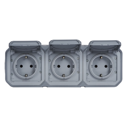 Plexo IP 55 monobloco saliente - 3 x 2PT tipo "sch", pré-cablada, Hz, Cinzento