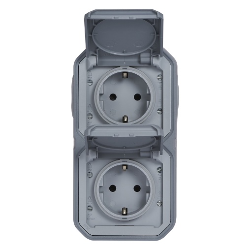 Plexo IP 55 monobloco saliente - 2 x 2PT tipo "sch" pré-cablada, V, Cinzento