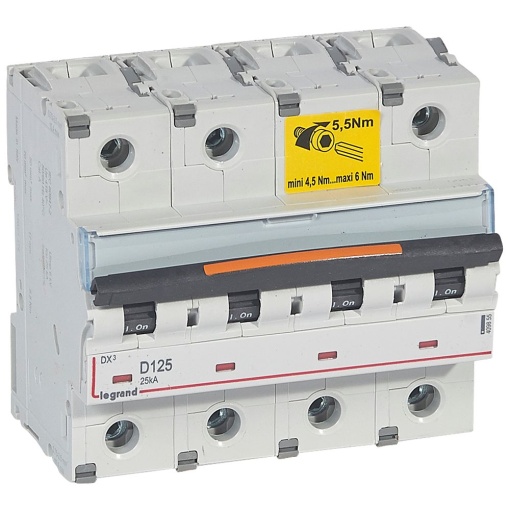 Disjuntores DX3 - 25kA - 4P - 400 V - 125 A - curva D - 6 módulos