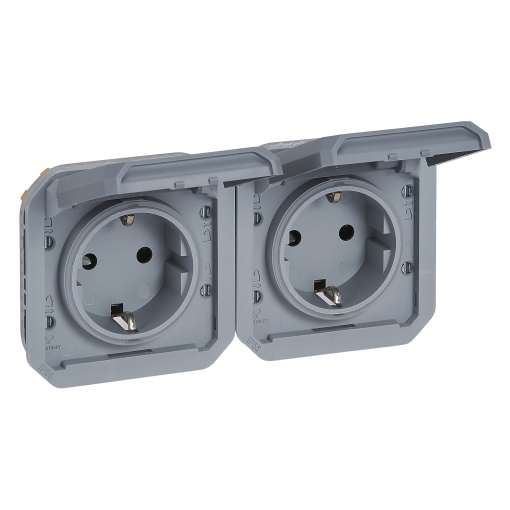 Plexo IP 55 componível - 2 x 2PT Schuko, pré-cablada, Horizontal, Cinzento