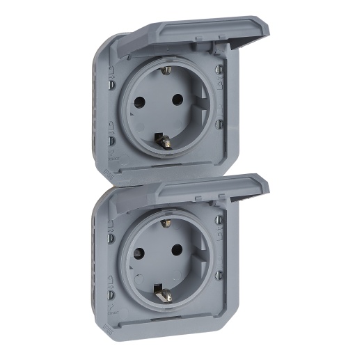 Plexo IP 55 componível - 2 x 2PT Schuko, pré-cablada, Vertical, Cinzento