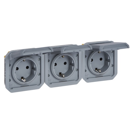 Plexo IP 55 componível - 3 x 2PT Schuko, pré-cablada, Horizontal, Cinzento