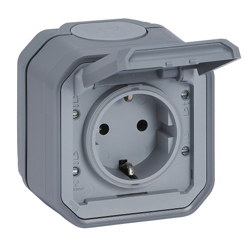 Plexo IP 55 monobloco saliente - Tomada 2PT Schuko, lig. automáticos, Cinzento