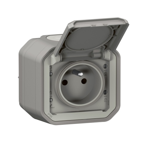 Plexo IP 55 monobloco saliente - Tomada 2PT, standard FB, Cinzento
