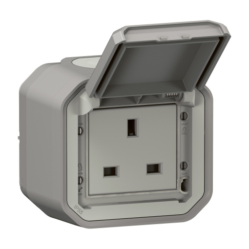 Plexo IP 55 monobloco saliente - Tomada 2PT, British standard, Cinzento