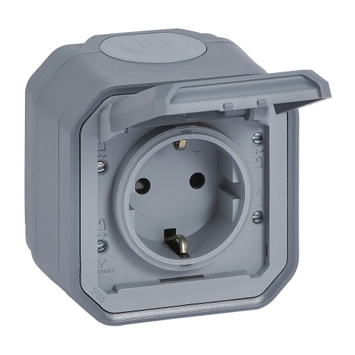 Plexo IP 55 monobloco saliente - Tomada 2PT Schuko, lig. parafusos, Cinzento