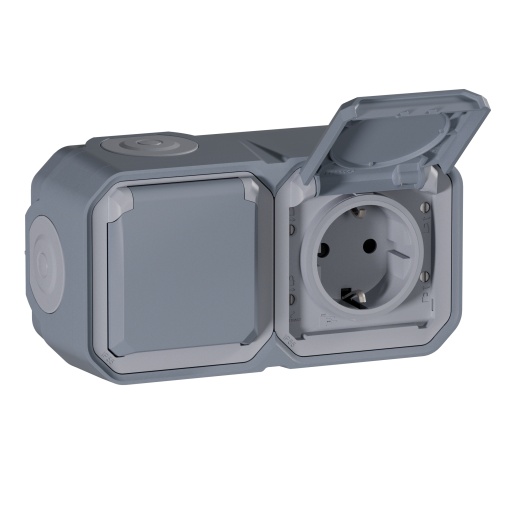 Plexo IP 55 monobloco saliente - 2 x 2PT Schuko pré-cablada, Horizontal, Cinze
