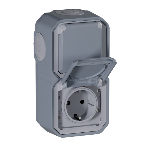 Plexo IP 55 monobloco saliente - 2 x 2PT Schuko pré-cablada, Vertical, Cinzento