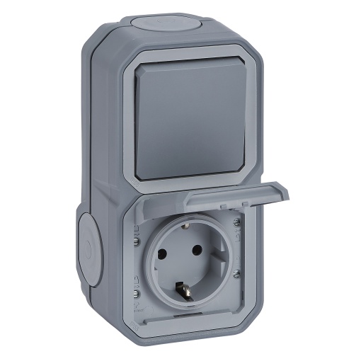 Plexo IP 55 monobloco saliente - 2PT Schuko  Comutador escada - HV, Cinzento