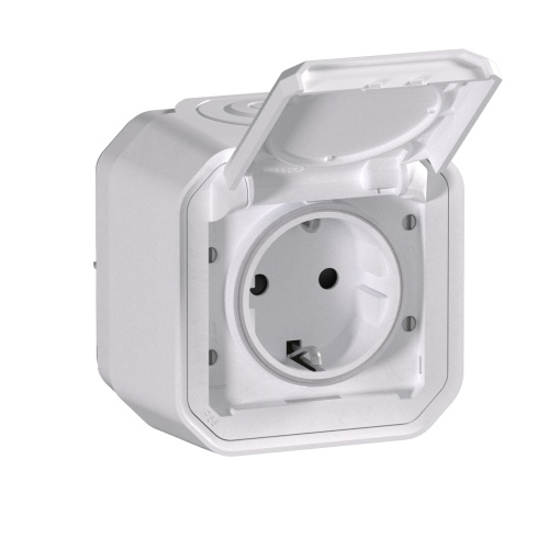 Plexo IP 55 monobloco saliente - Tomada 2PT Schuko, ligad. parafusos, Branco